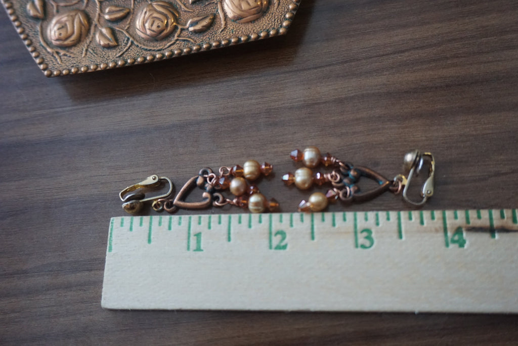 Vintage Heart Shaped Dangle Earrings with Pearl and Crystal Accents