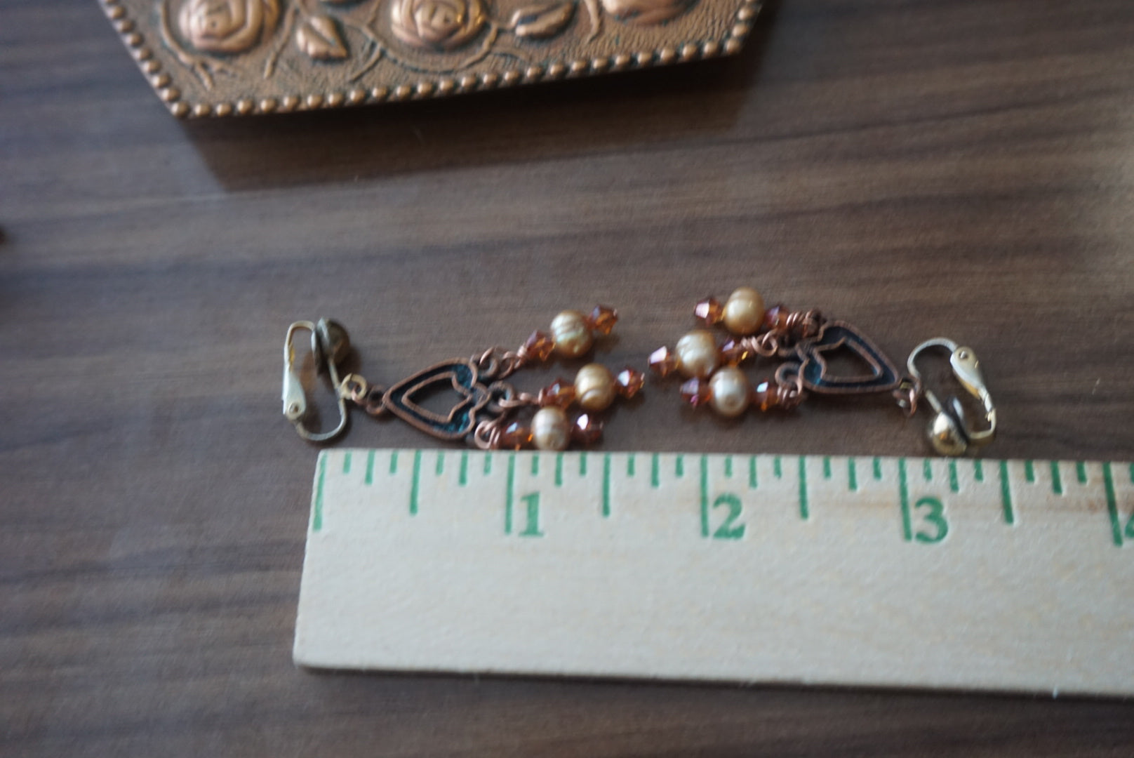 Vintage Heart Shaped Dangle Earrings with Pearl and Crystal Accents