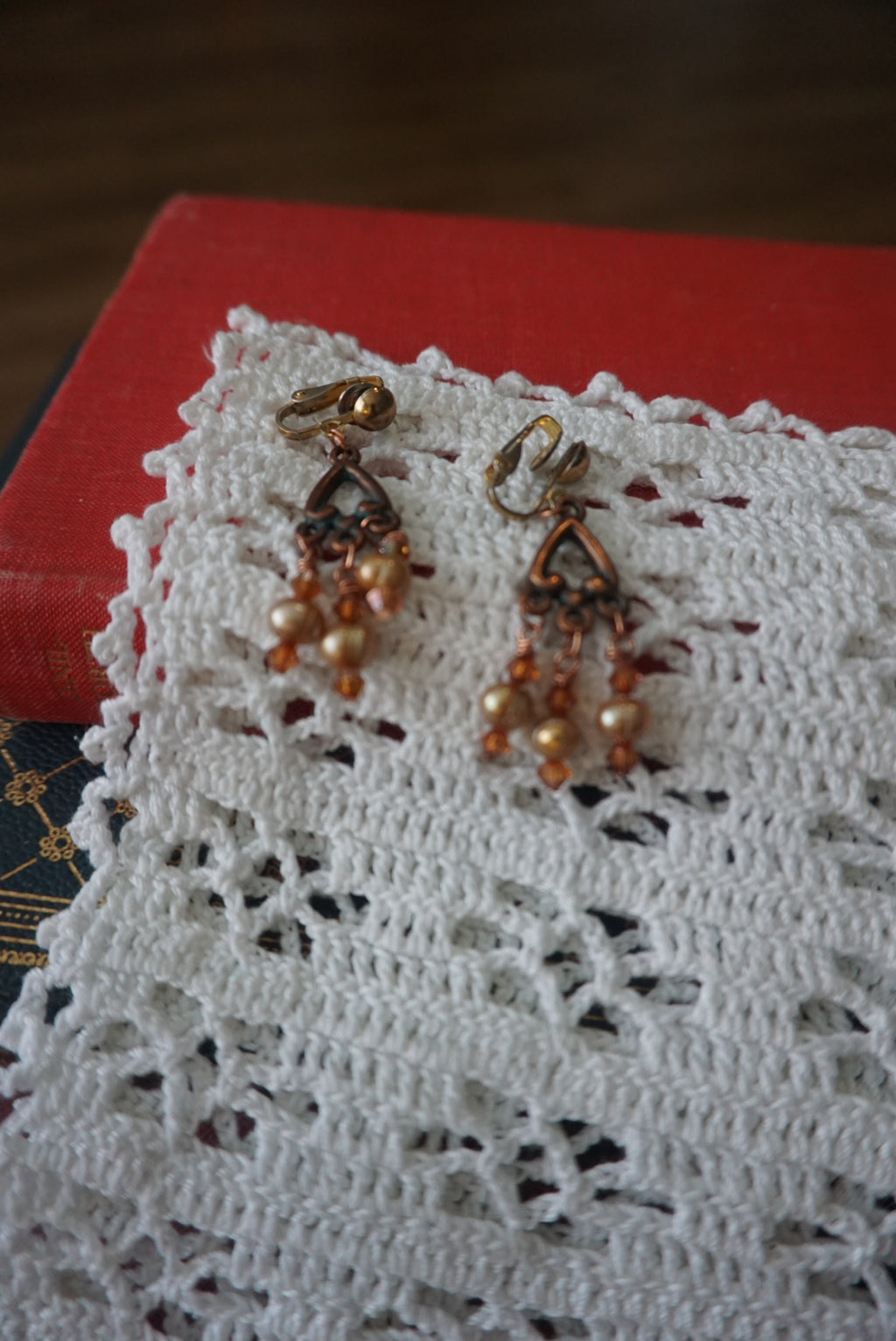 Vintage Heart Shaped Dangle Earrings with Pearl and Crystal Accents