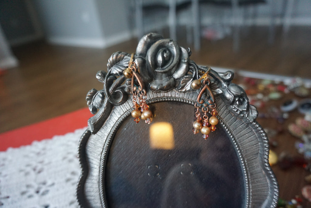 Vintage Heart Shaped Dangle Earrings with Pearl and Crystal Accents