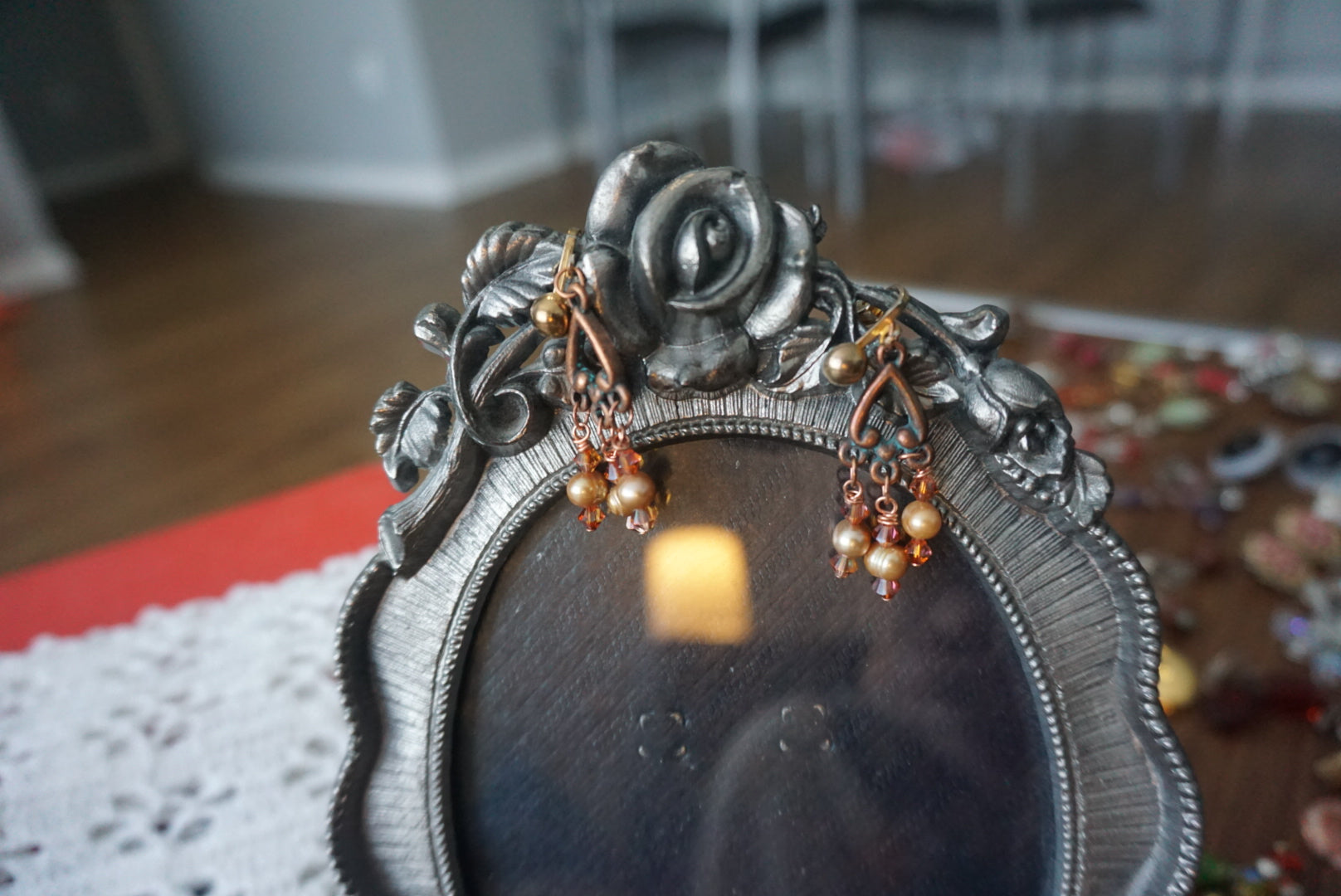 Vintage Heart Shaped Dangle Earrings with Pearl and Crystal Accents