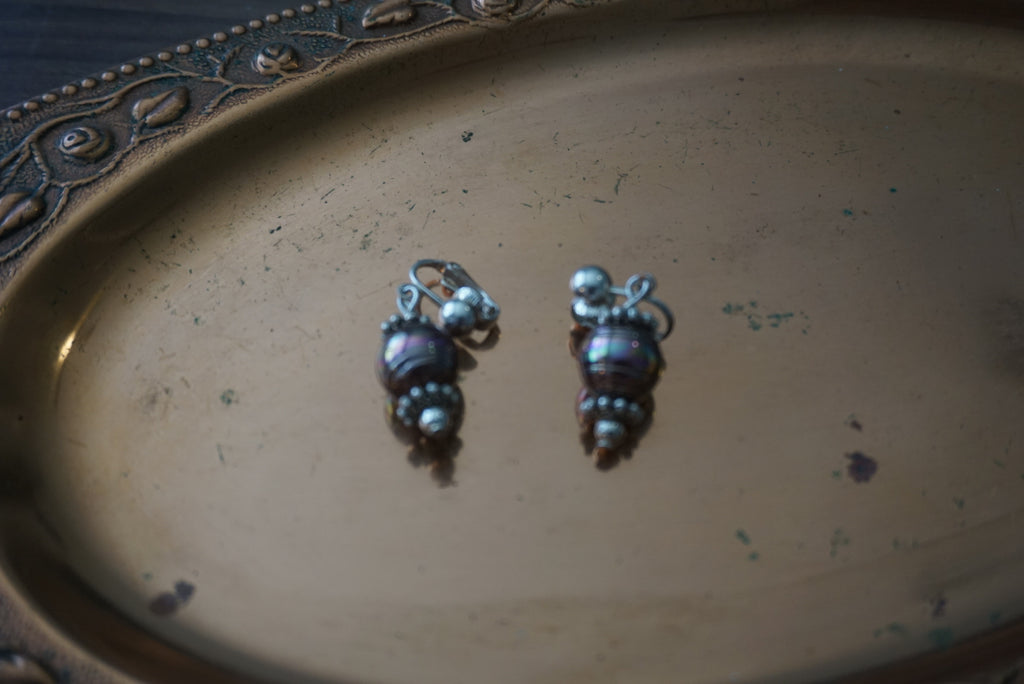 Vintage Statement Clip-On Earrings with Iridescent Beads