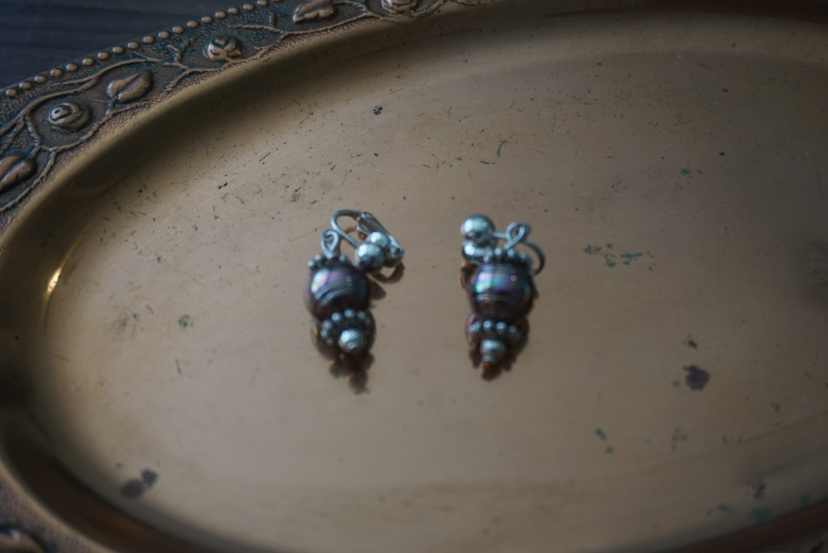 Vintage Statement Clip-On Earrings with Iridescent Beads