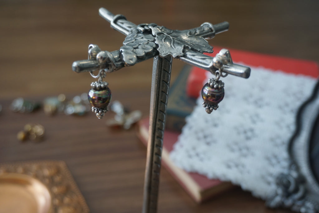 Vintage Statement Clip-On Earrings with Iridescent Beads