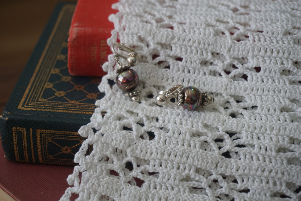 Vintage Statement Clip-On Earrings with Iridescent Beads