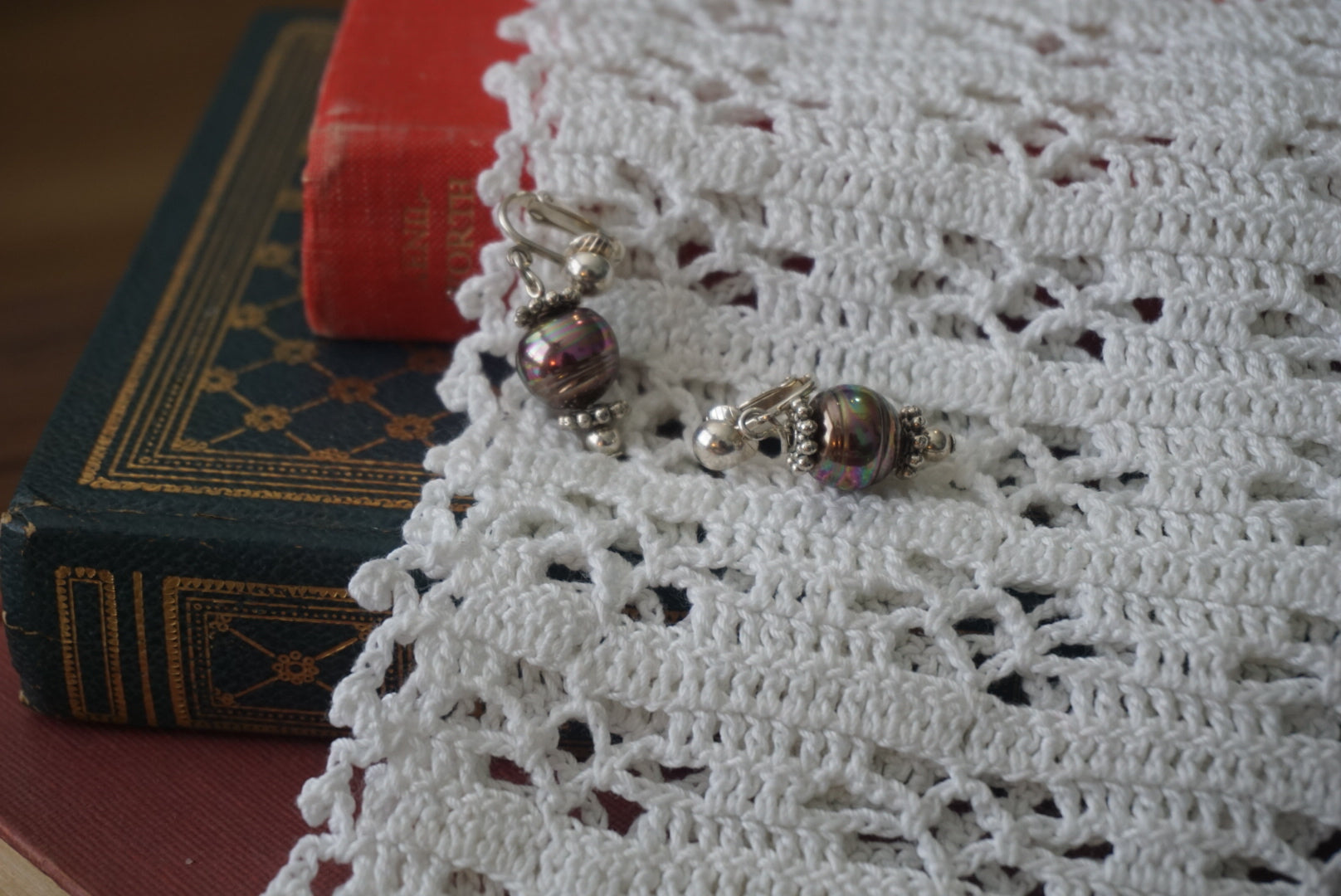 Vintage Statement Clip-On Earrings with Iridescent Beads