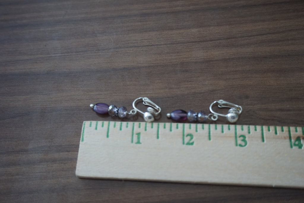Elegant Clip-On Earrings with Purple and Silver Beads