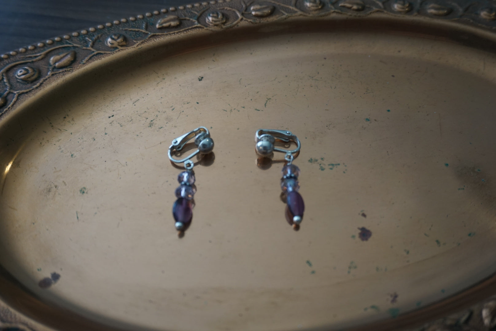 Elegant Clip-On Earrings with Purple and Silver Beads