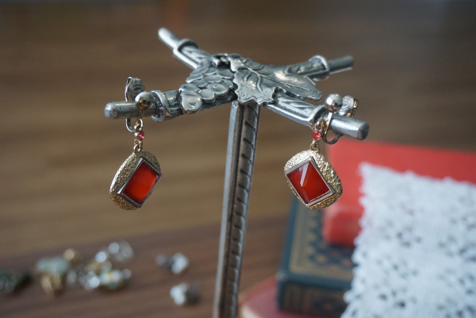 Vintage Red Stone Clip-On Earrings