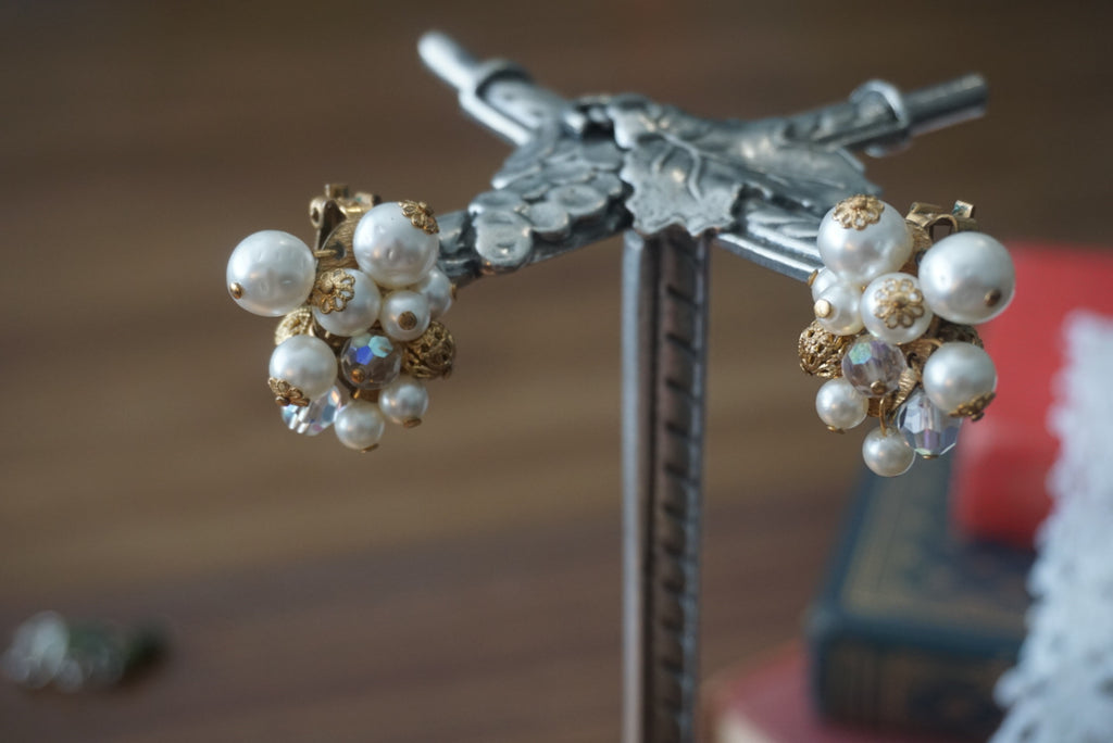 Vintage Gold Pearl Cluster Earrings