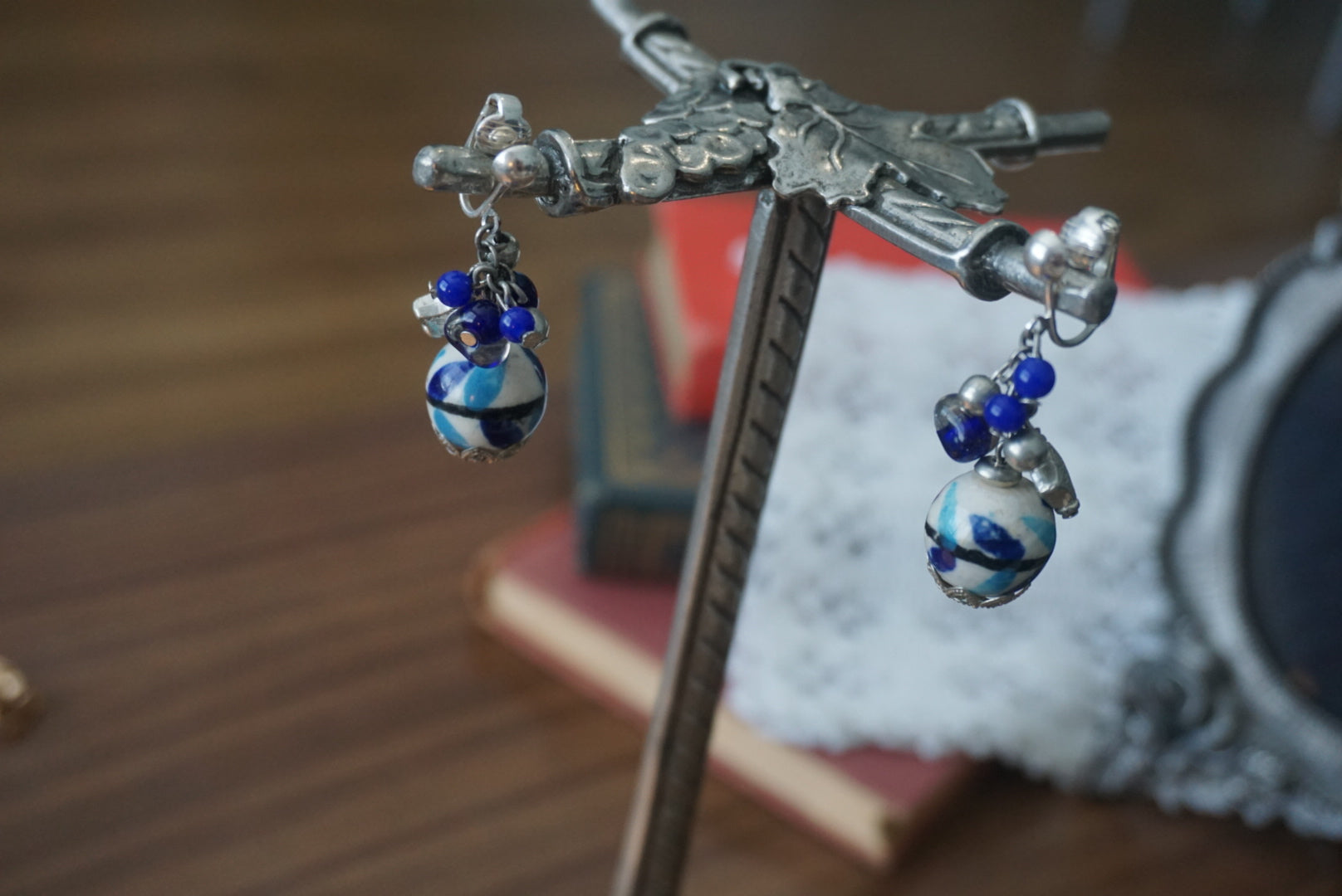 Blue and White Ceramic Bead Earrings