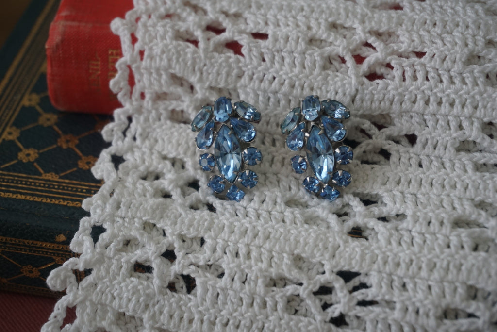 Vintage Blue Rhinestone Clip-On Earrings