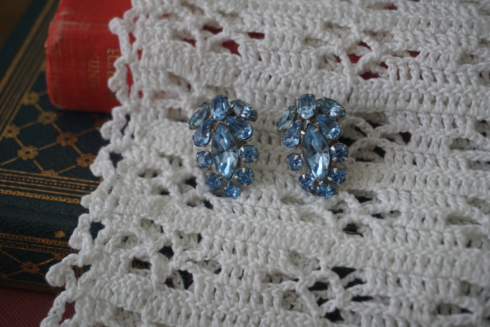 Vintage Blue Rhinestone Clip-On Earrings