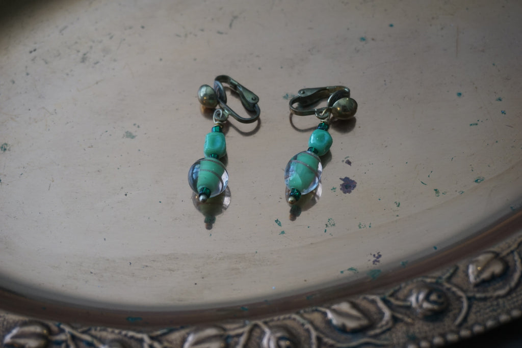 Vintage Green Beaded Clip-On Earrings