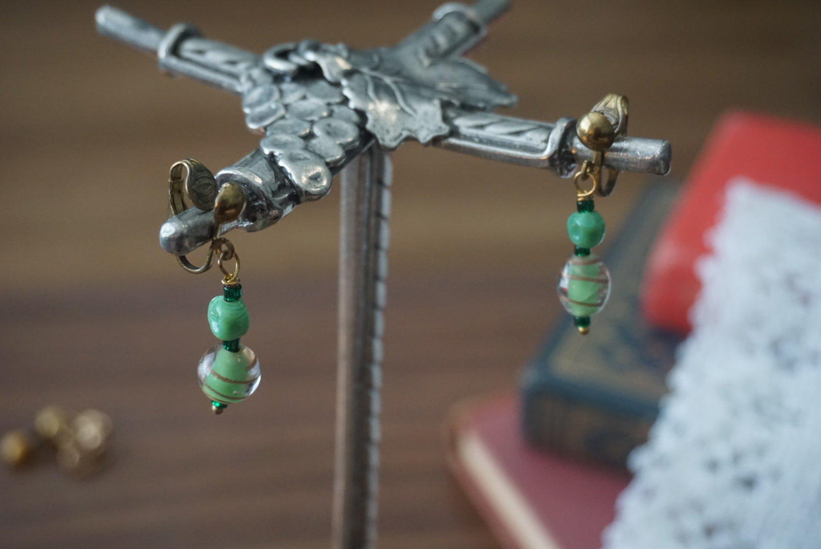 Vintage Green Beaded Clip-On Earrings