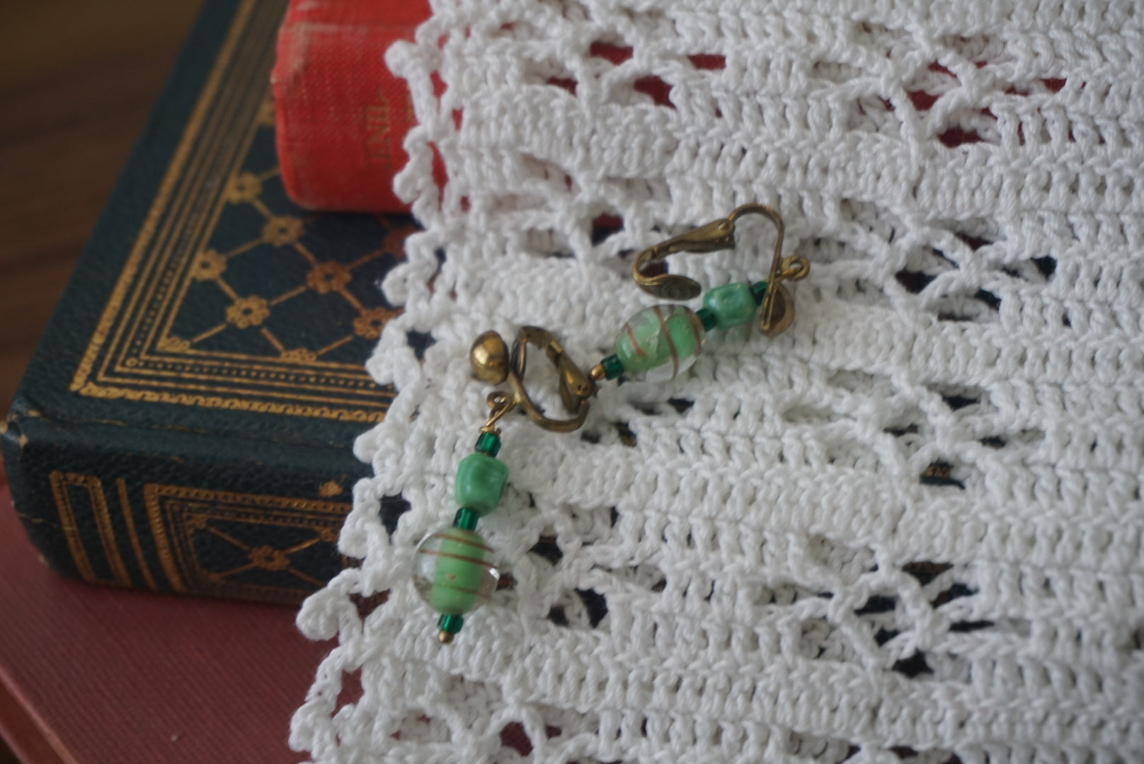 Vintage Green Beaded Clip-On Earrings