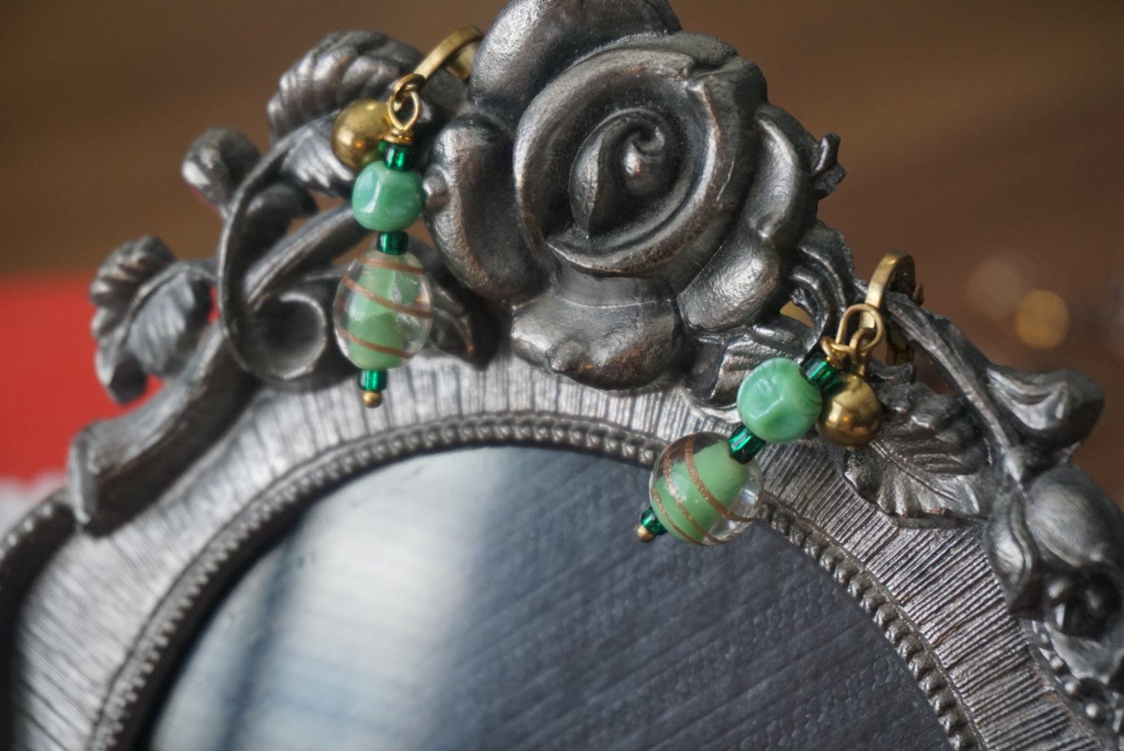 Vintage Green Beaded Clip-On Earrings