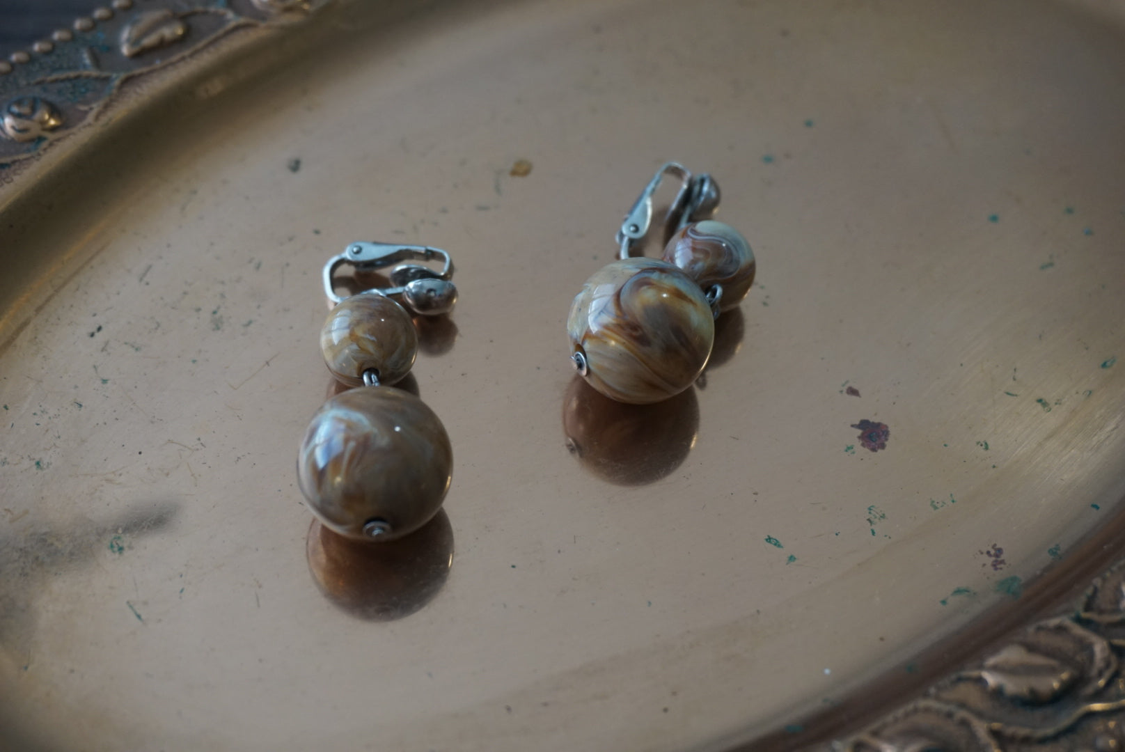 Vintage Brown Marble Clip-On Earrings