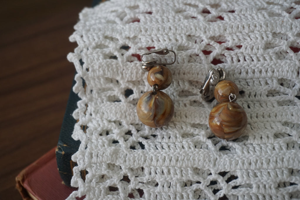 Vintage Brown Marble Clip-On Earrings
