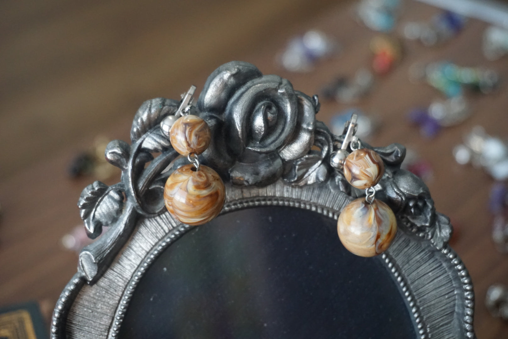 Vintage Brown Marble Clip-On Earrings