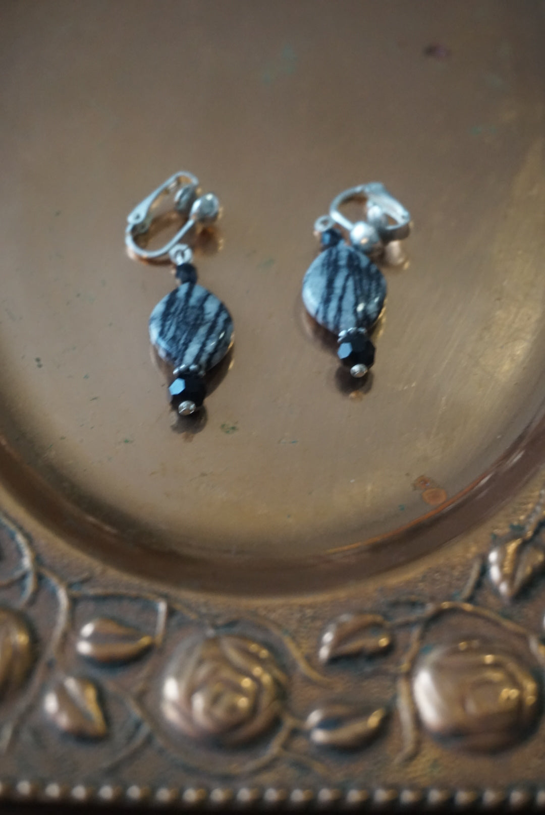 Black and Silver Beaded Dangle Earrings