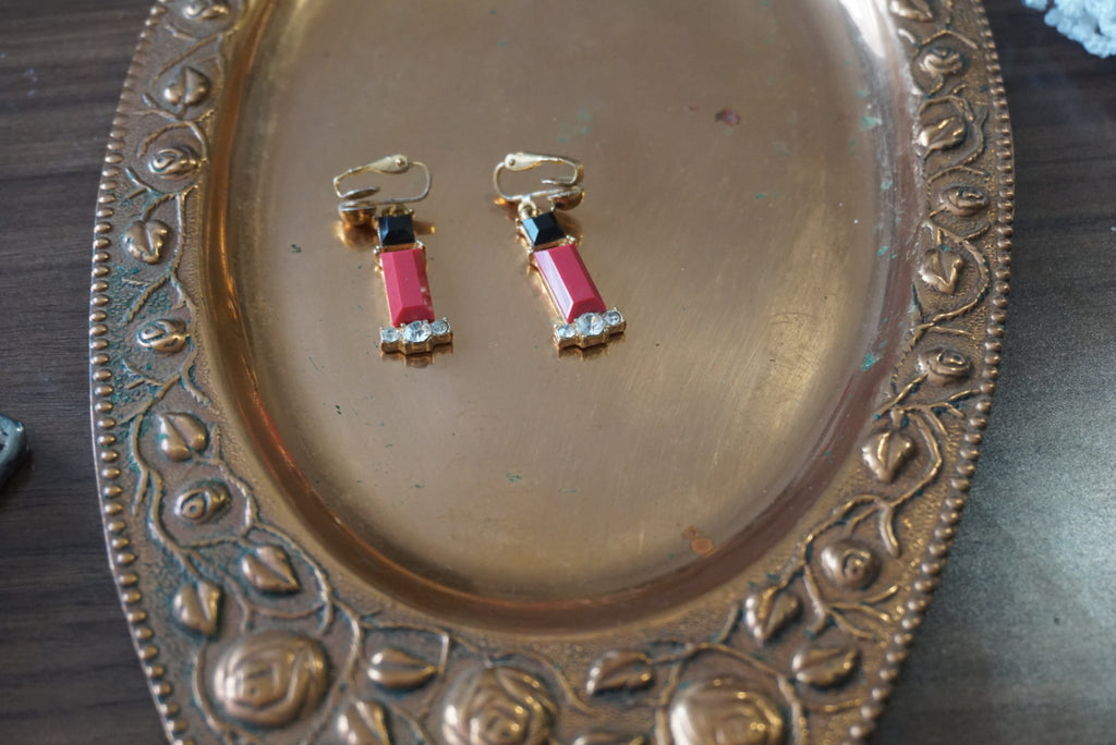 Vintage Red and Black Enamel Clip-On Earrings