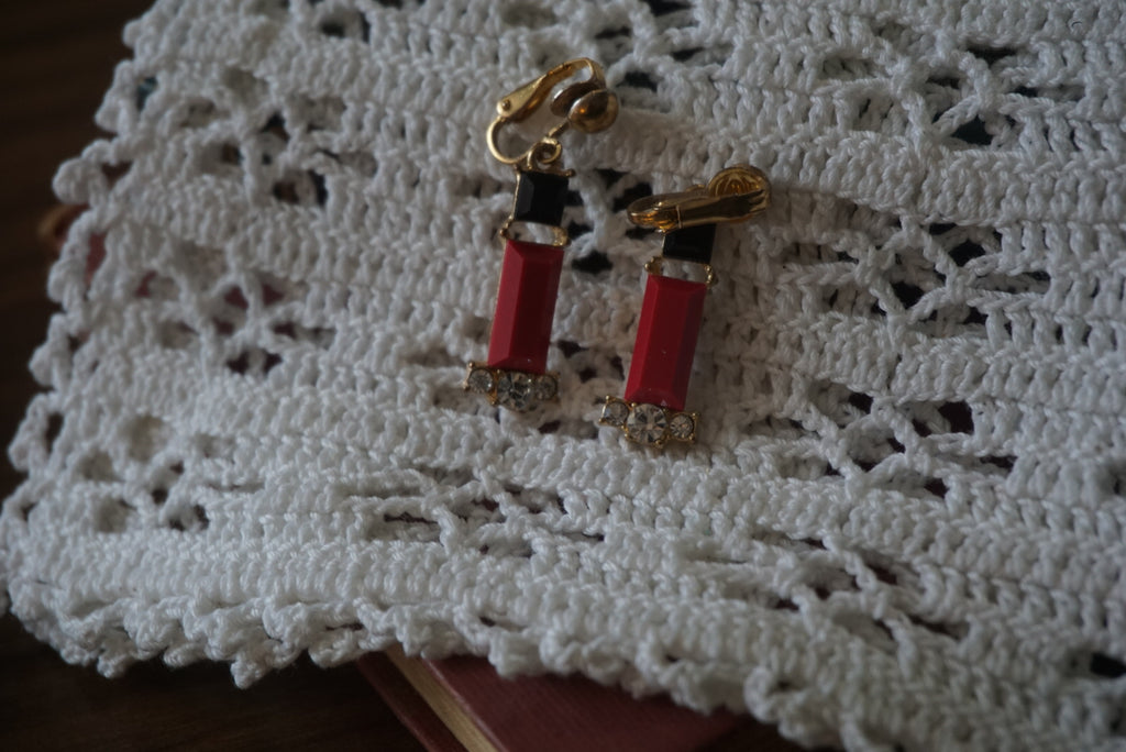 Vintage Red and Black Enamel Clip-On Earrings