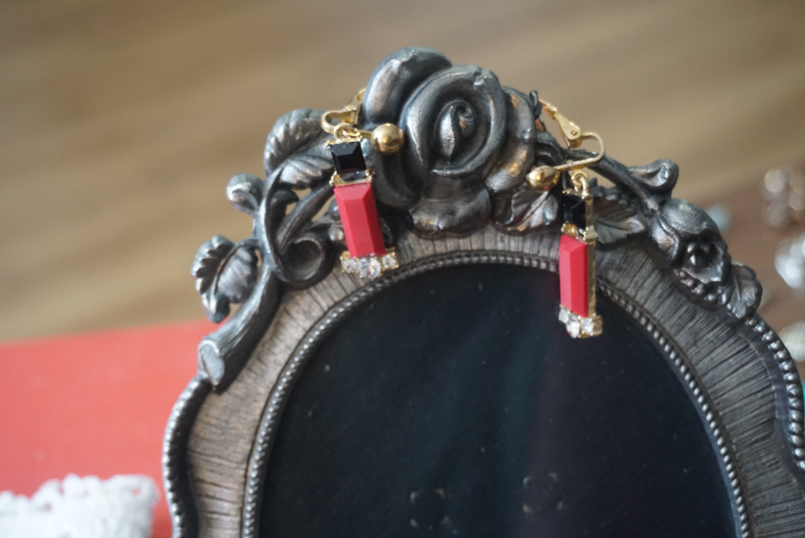 Vintage Red and Black Enamel Clip-On Earrings