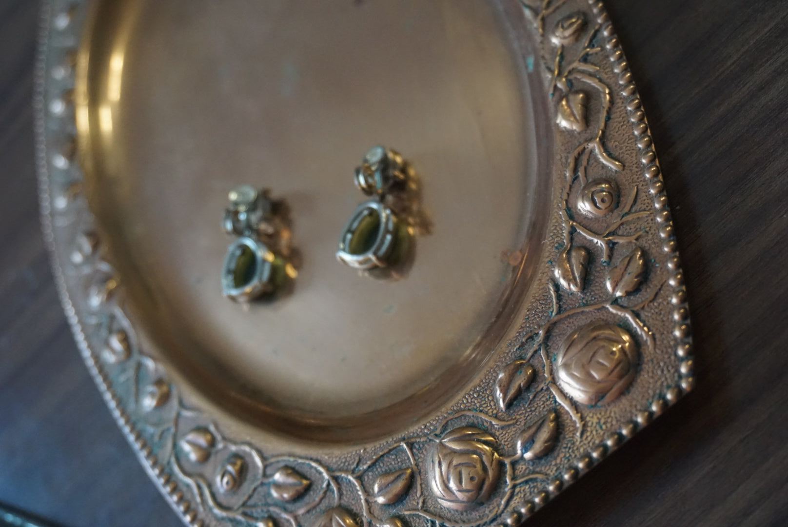 Green Stone Earrings with Gold Setting