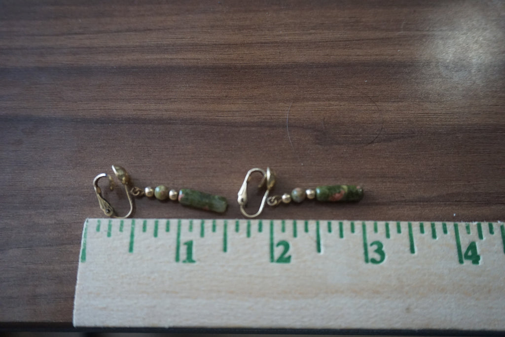 Gold and Green Beaded Dangle Earrings