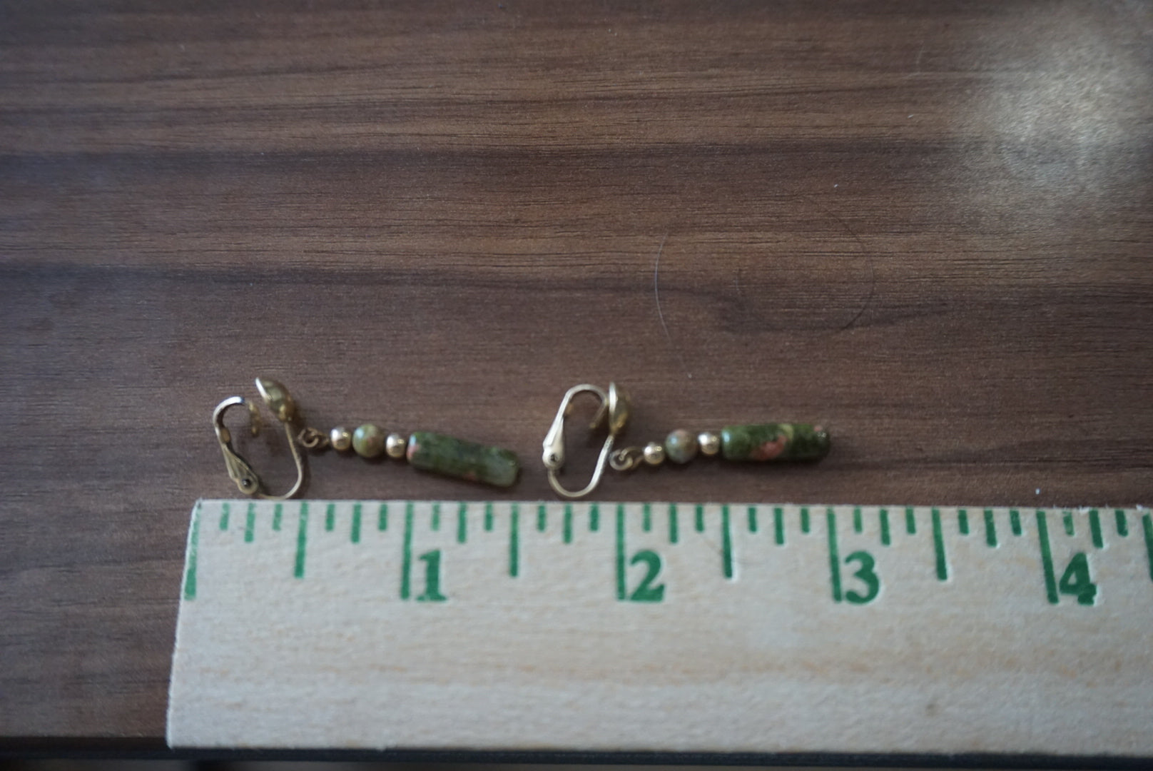Gold and Green Beaded Dangle Earrings