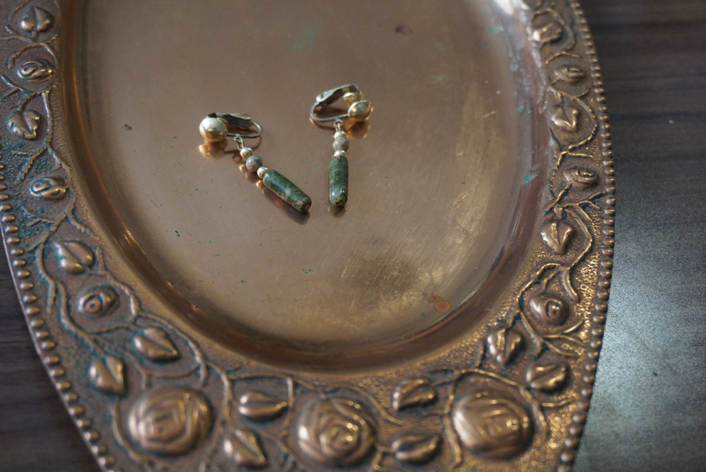 Gold and Green Beaded Dangle Earrings