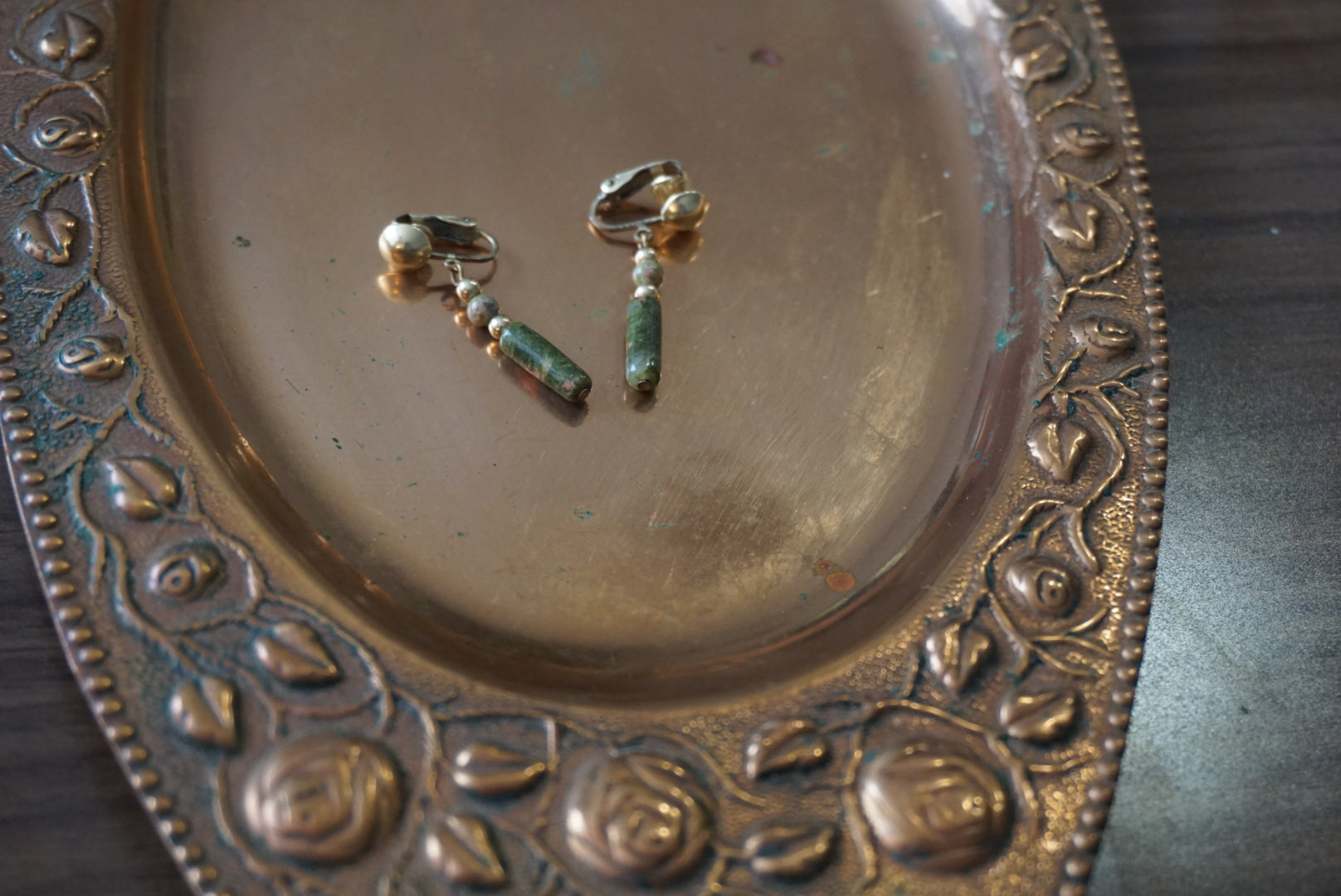 Gold and Green Beaded Dangle Earrings