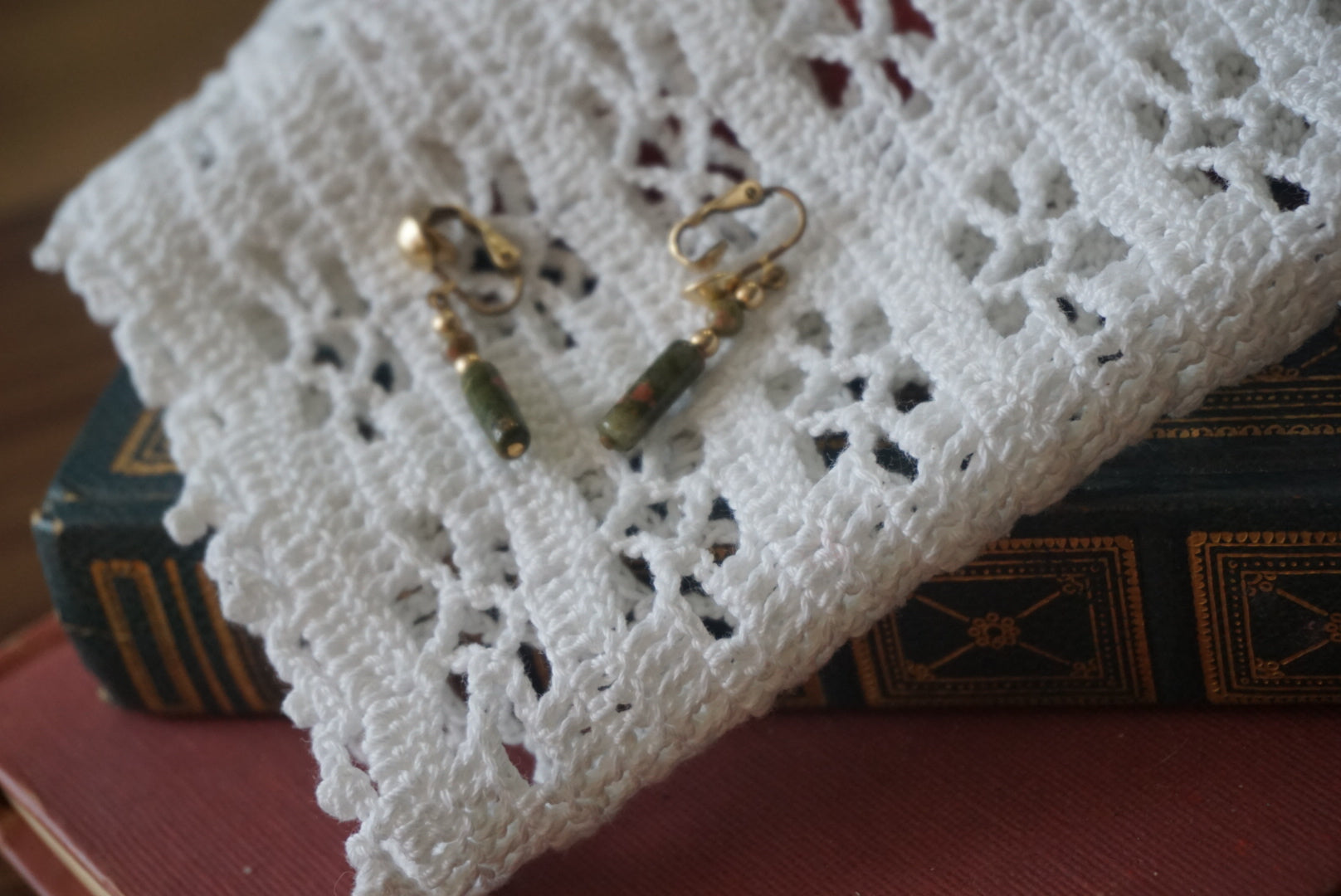 Gold and Green Beaded Dangle Earrings