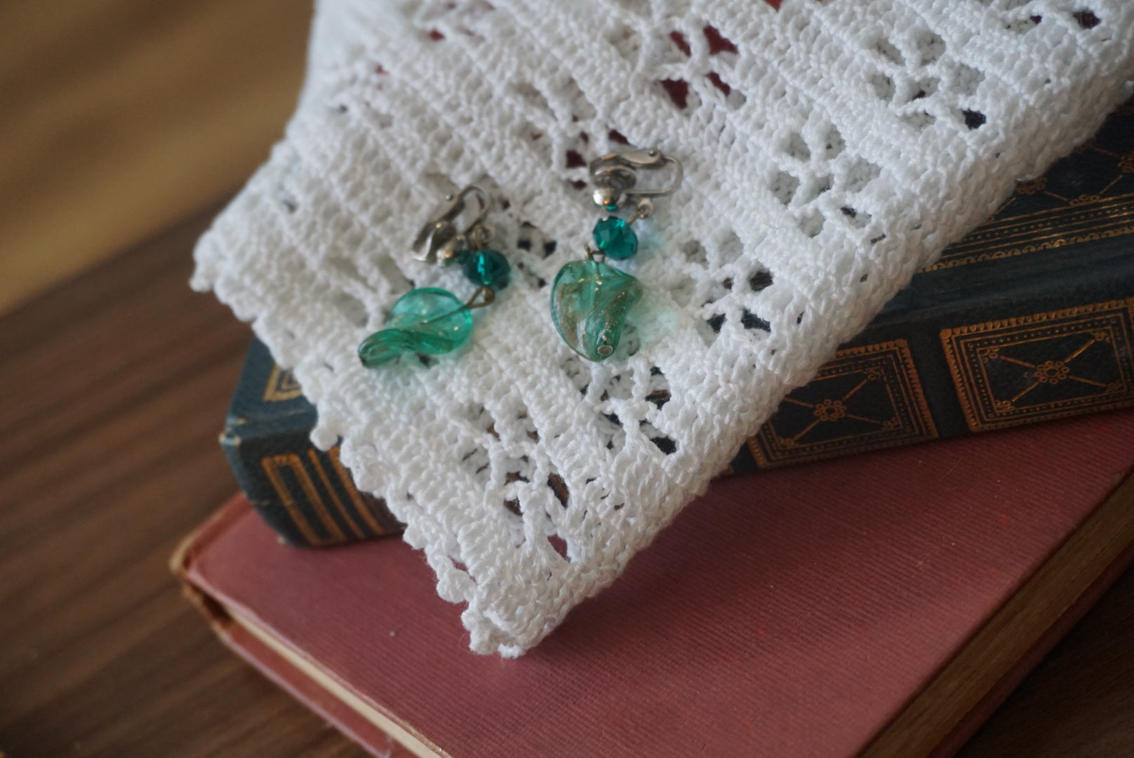 Teal Glass Leaf Earrings