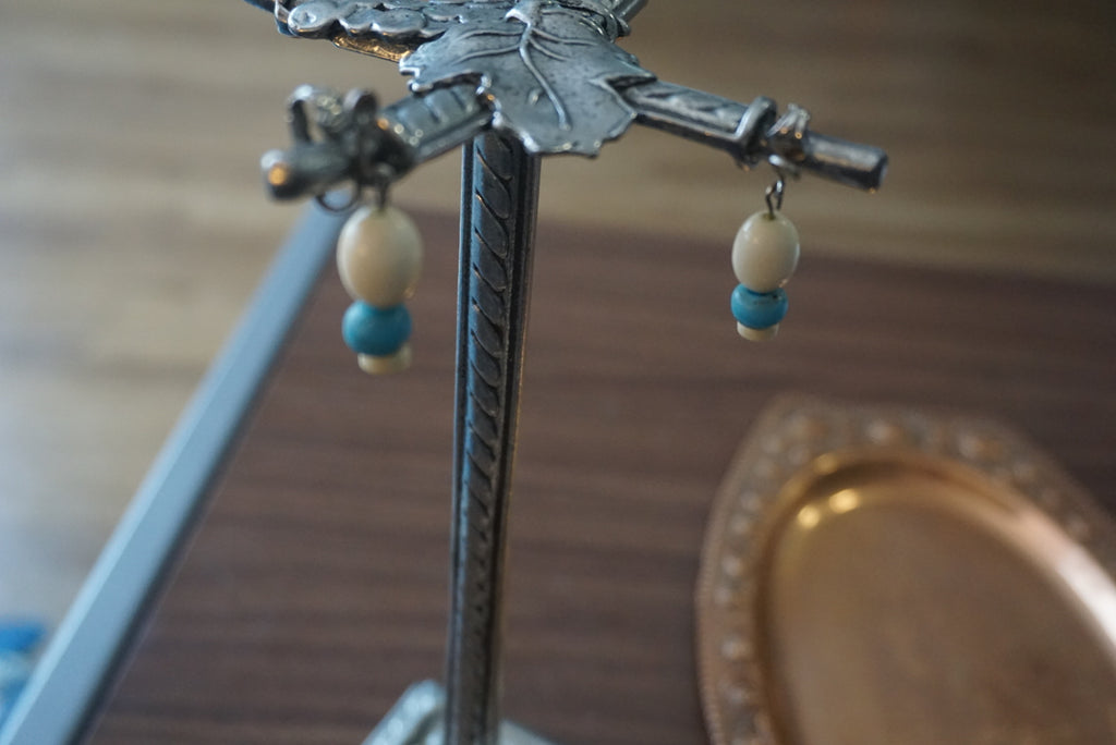 Vintage Clip-On Earrings with Blue and Cream Beads