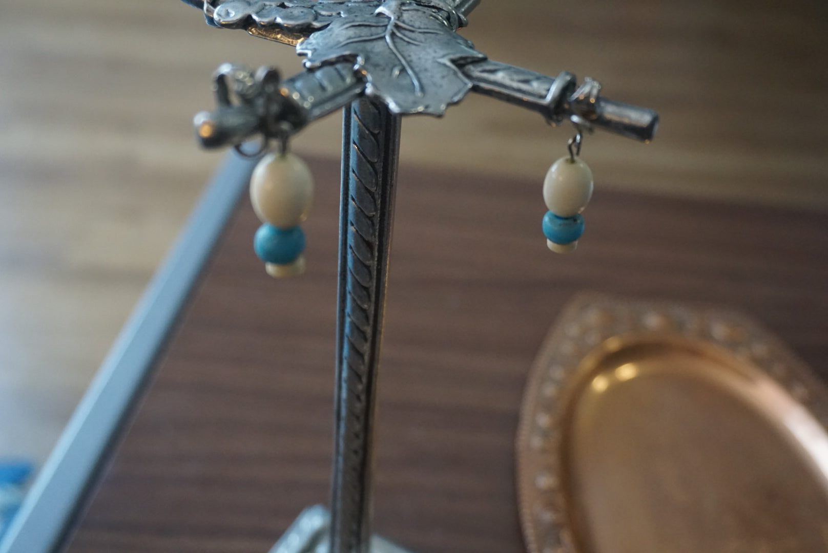 Vintage Clip-On Earrings with Blue and Cream Beads