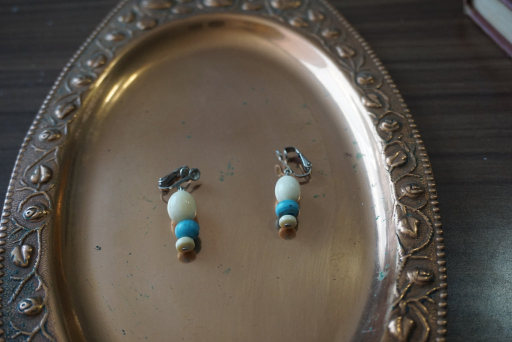 Vintage Clip-On Earrings with Blue and Cream Beads