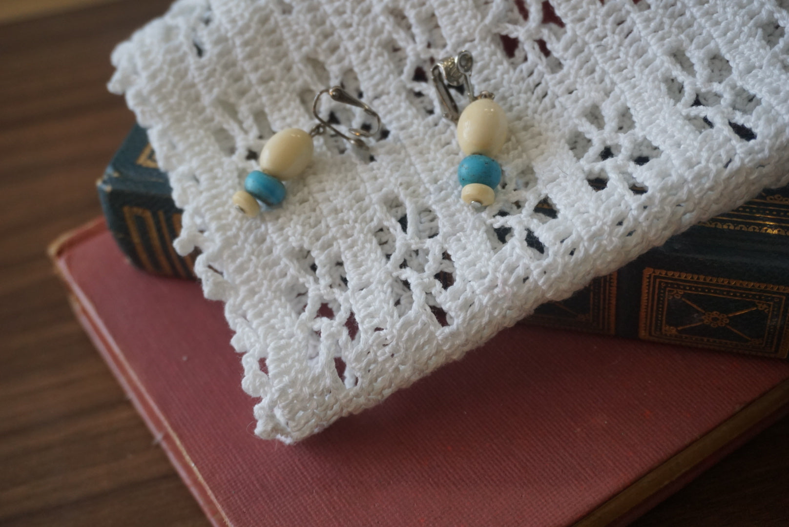 Vintage Clip-On Earrings with Blue and Cream Beads