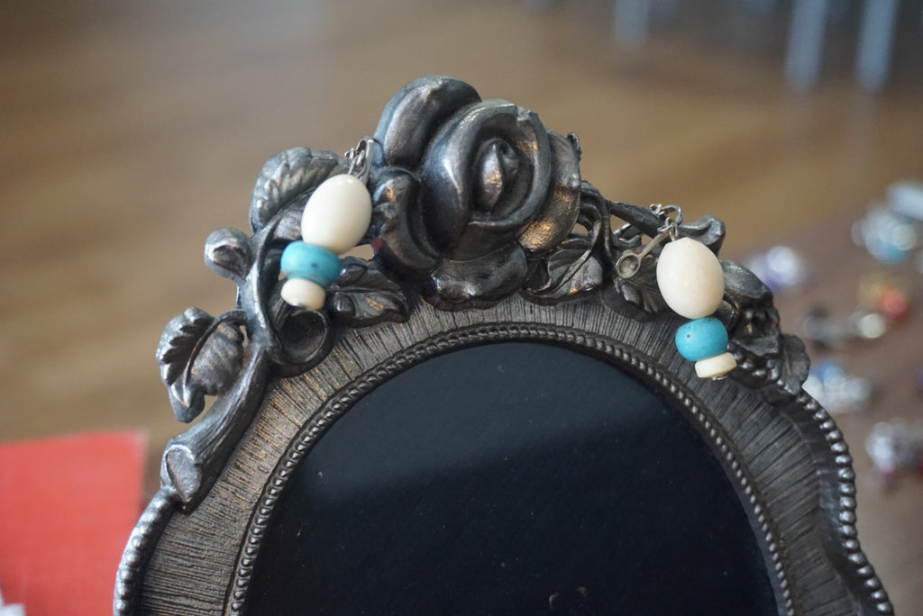 Vintage Clip-On Earrings with Blue and Cream Beads