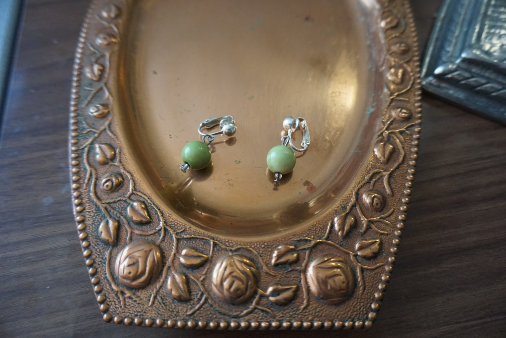 Green Bead Clip-On Earrings