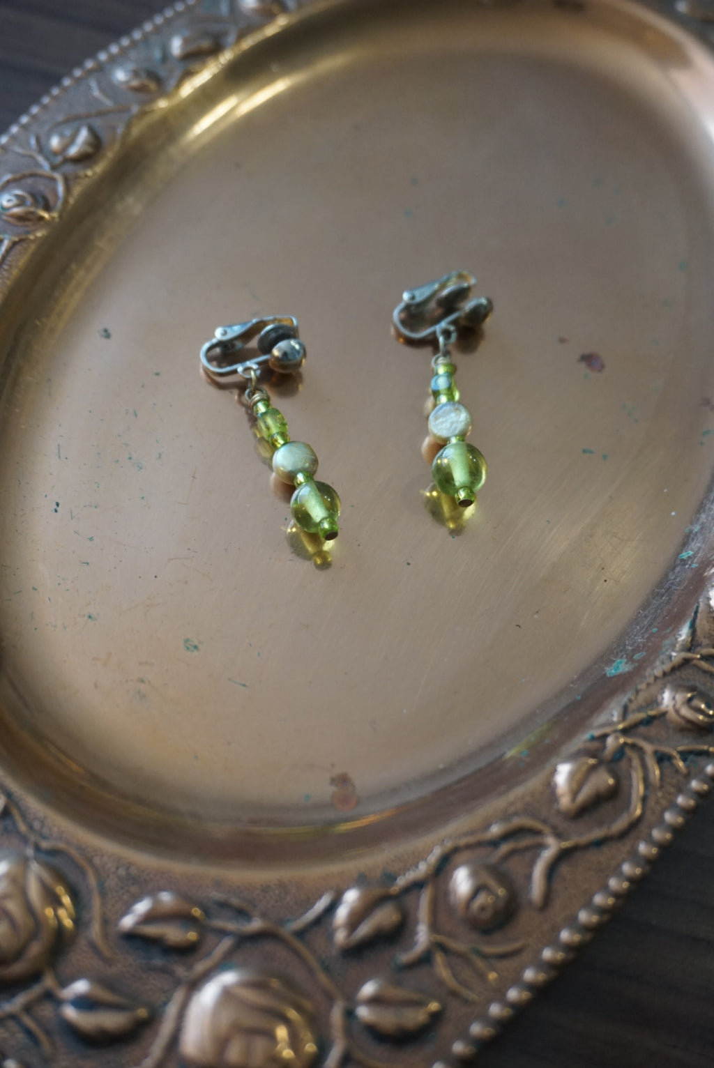 Green Beaded Clip-On Earrings