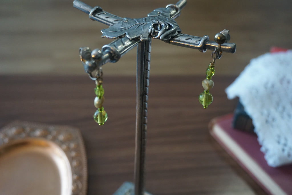 Green Beaded Clip-On Earrings