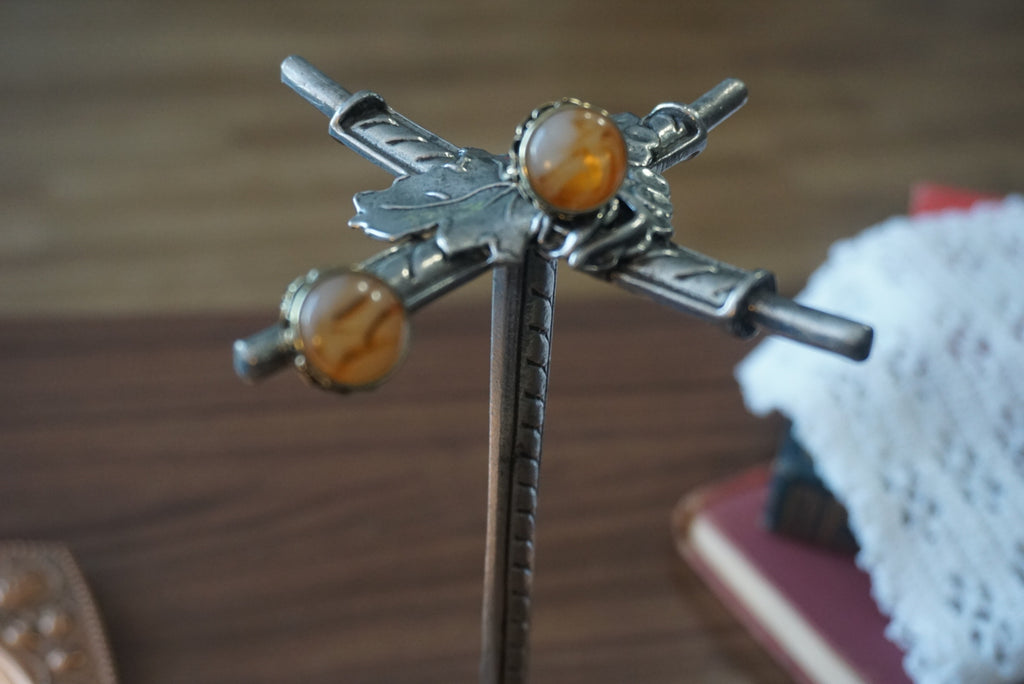 Vintage Gold Tone Clip-On Earrings with Amber Stripes
