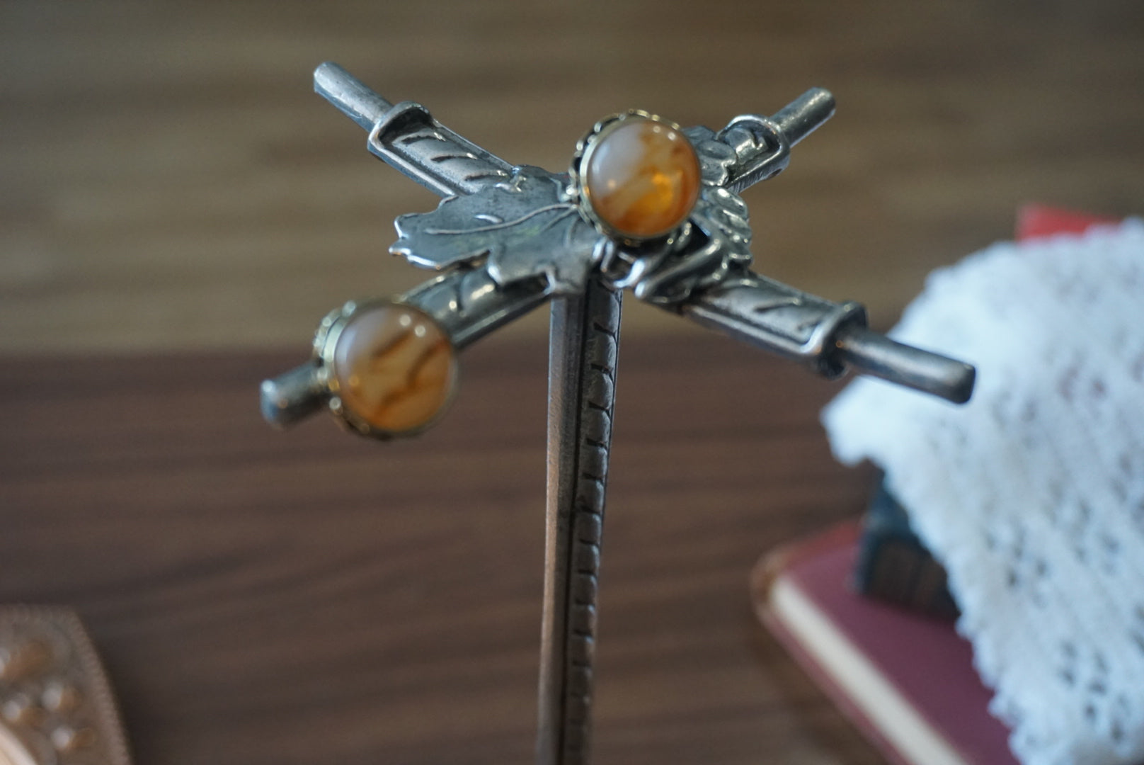 Vintage Gold Tone Clip-On Earrings with Amber Stripes