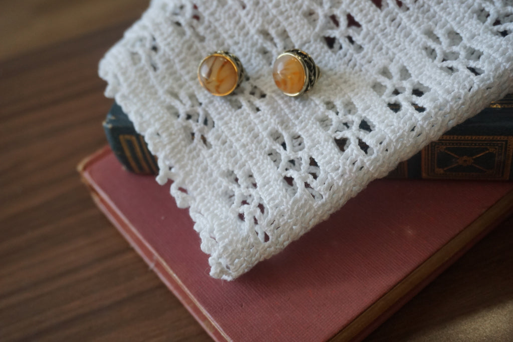 Vintage Gold Tone Clip-On Earrings with Amber Stripes