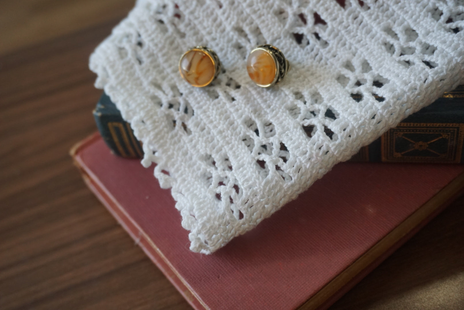 Vintage Gold Tone Clip-On Earrings with Amber Stripes