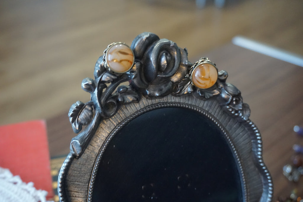 Vintage Gold Tone Clip-On Earrings with Amber Stripes