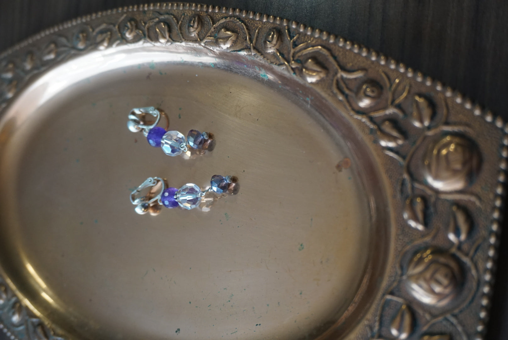 Purple and Silver Beaded Clip-On Earrings