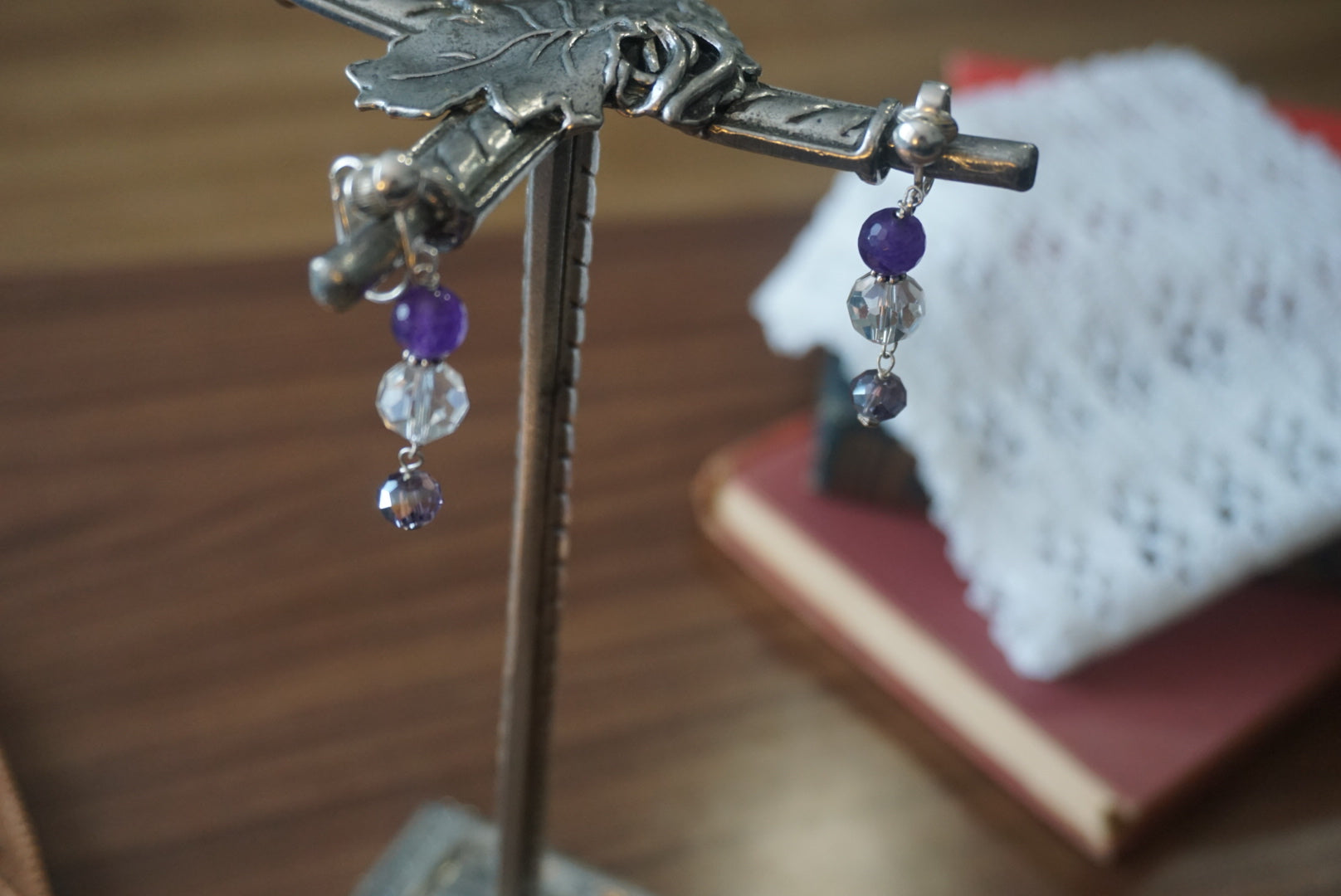 Purple and Silver Beaded Clip-On Earrings